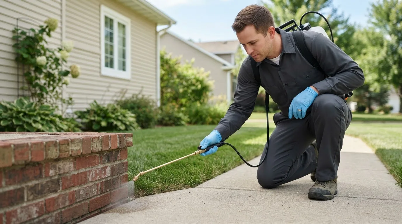 Pest control technician treating a home near East Boston, MA